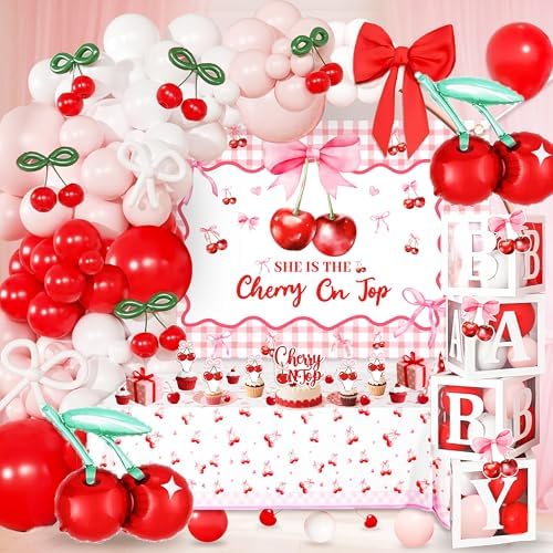 Cherry on Top Baby Shower Decorations for Girl - Red Pink Party Supplies Include Balloon Garland Arch, Backdrop, Tablecloth, 4 Boxes, Foil Balloons - She is the Cherry On Top Decor Gingham Check by Jenlion