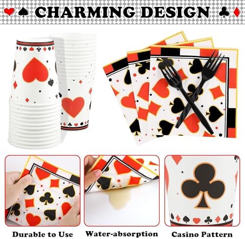 durony 144 Pieces Casino Paper Plates and Napkins Dinnerware Set Casino Birthday Party Tableware Supplies Includes Poker Club Paper Plates Napkins Forks Serve 24 for Casino Party Supplies - Image 3