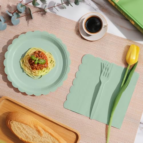 105PCS Sage Green Paper Plates & Napkins Set,7inch Scallope,with Forks - Image 6