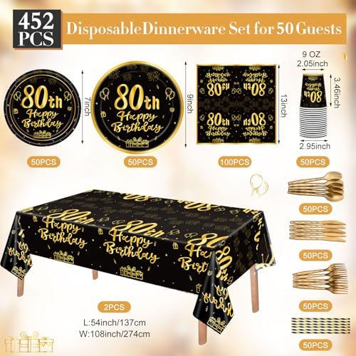 Funnymoom 452 Pcs 80th Birthday Party Decorations Set for Men Women, Black and Gold Happy 80th Birthday Paper Plates Napkins Cups Tablecloth Cutlery Straws Cheers to 80 Years Anniversary Party - Image 3