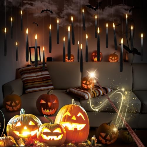 Floating Candles with Magic Wand Remote, 36 PCS Black LED Taper Candles with 2 Wands, Flickering Warm Light Flameless Hanging Candles for Halloween Christmas Party Decor Indoor Outdoor - Image 7