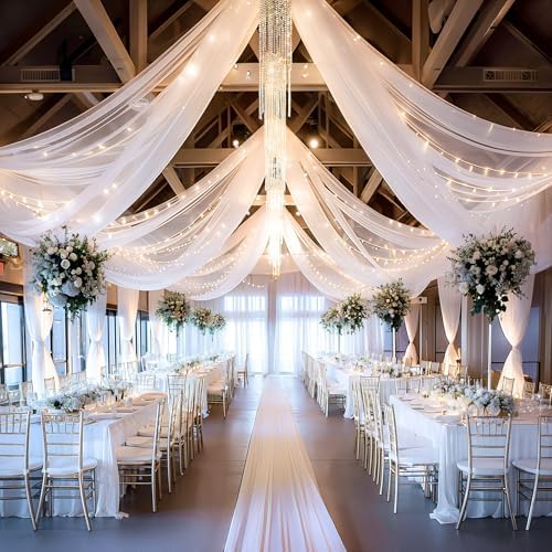 6 Panels White Ceiling Curtains with Lights for Weddings - 5ftx10ft Wrinkle-Free Tulle Fabric Wedding Arch Draping Ceiling Drapes Decorations for Wedding Party Ceremony Stage Tent Event by Unknown