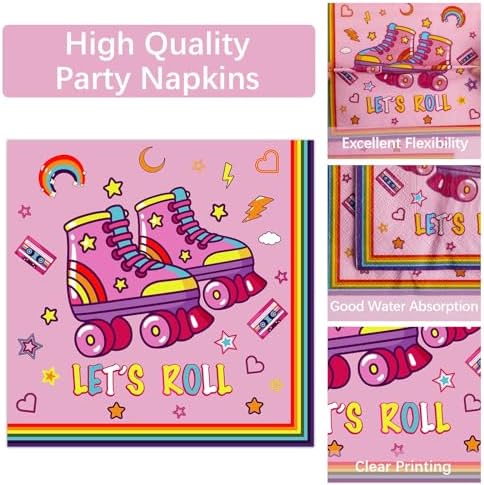 Qyeahkj 100 Pcs Roller Skating Party Plates and Napkins Set Pink Roller Skate Birthday Decorations Supplies Tableware Roll Skating Themed Party Favors for Girls Birthday Decorations Serves 25 - Image 4