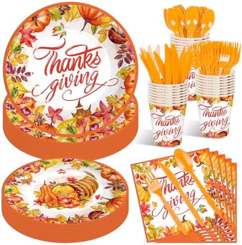 175 Pcs Thanksgiving Tableware Set - Serves 25, Harvest-Themed Disposable Plates, Cups, Napkins, Plastic Forks, Spoons, Knives for Thanksgiving Day Dinner, Fall Party Supplies, Autumn Gatherings by Jremreo