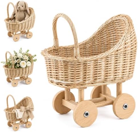 Wicker Baby Carriage for Baby Shower, Boho Centerpiece Decor, Handmade Rattan Flower Cart for Floral Arrangements & Photography Prop (13 Inch) by Unknown