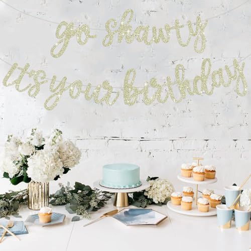 BEISHIDA Light Gold Go Shawty It's Your Birthday Banner - NO DIY - Hip Hop Theme Glitter Happy Birthday Banner - Pre-Strung - Black Rap Theme Happy Birthday Sign for Man Women birthday Party Supply - Image 6