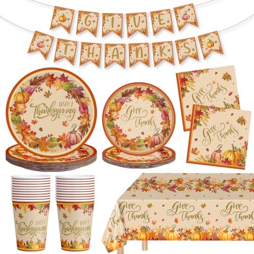 82 Pcs Thanksgiving Paper Plates and Napkins Set - Disposable Gives Thanks Fall Leaf Pumpkin Tableware with Cups Banner Tablecloth for Harvest Thanksgiving Party Decorations Supplies, Serves 20 by Litmitfu