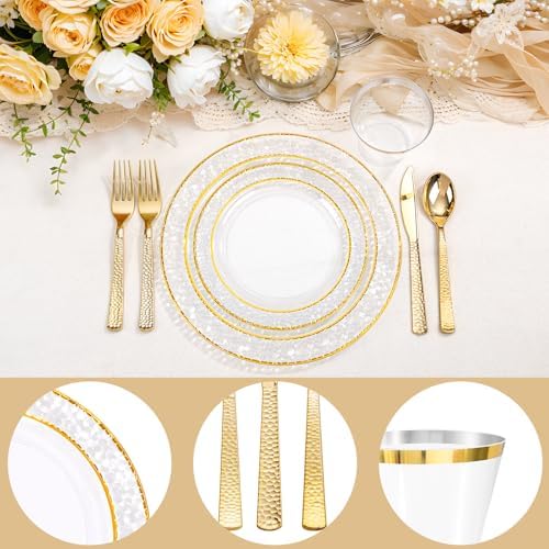 Ciaell 150PCS Clear Gold Plastic Plates - Disposable Gold Rim Plates include 25Dinner Plate, 25Dessert Plate, 25Forks, 25Knives, 25Spoons, 25Cups for Wedding & Party - Image 3
