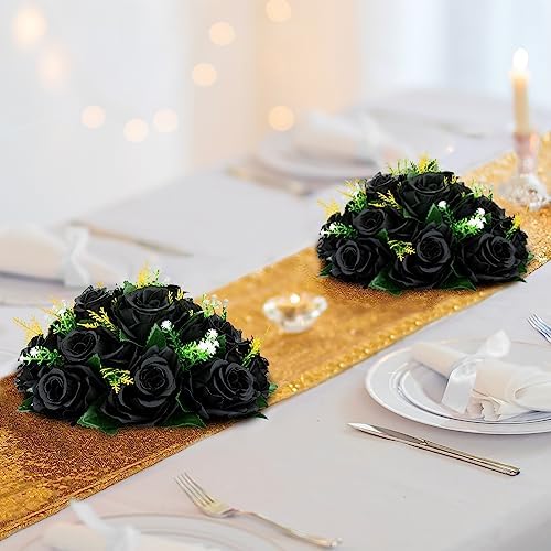BLOSMON Black Rose Artificial Flower Balls for Wedding Centerpieces, 6 Pcs - Image 2