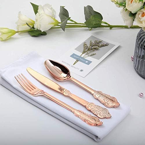 WDF-300 Pieces Rose Gold Plastic Silverware- Disposable Flatware -Heavyweight Plastic Cutlery- Includes 100 Forks, 100 Spoons, 100 Knives for Wedding/Parties/Birthday - Image 3