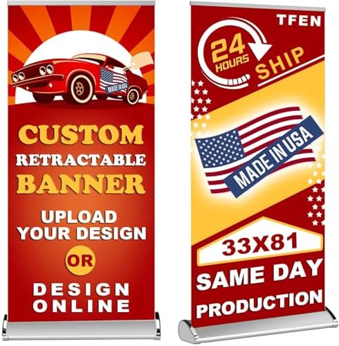 Custom Banner Pop up Banner Aluminum Deluxe Retractable Banner-Made in USA-33"x81" with Stand Roll up Banner for Business, Trade Shows, Stores, Advertising, Events by TFEN