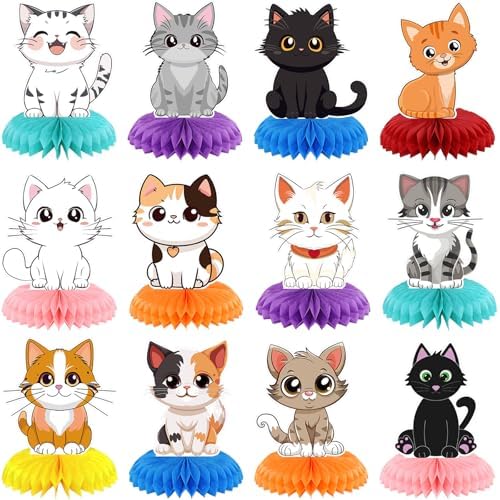 Pickmesh 12 Pcs Cat Birthday Party Decoration Honeycomb Centerpieces Kitten Table Centerpieces Cats Table Topper 3D Double Sided Kitten Decoration for Birthday Pet Theme Party Favors Supplies by Pickmesh