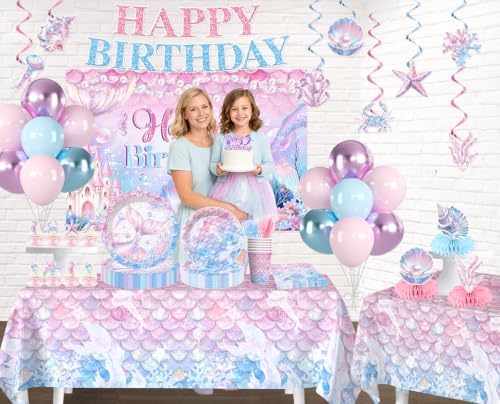 Mermaid Theme Birthday Decorations Plates and Napkins, Backdrop for Party - Image 3