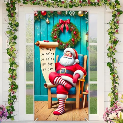 BlissYard Pine Greenery Santa Christmas Door Cover 35x71 Inch Polyester - Image 2