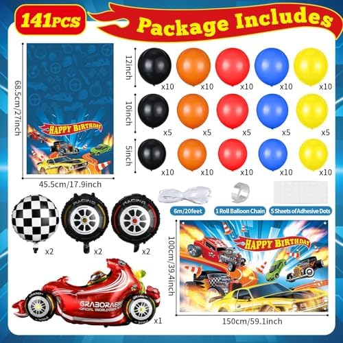 134Pcs Wheels Race Car Birthday Party Supplies Race Cars Balloon Garland Arch Kit Backdrop Tablecloth Monster Truck Wheels Checkered Foil Balloons Racing Signs bDecorations - Image 2