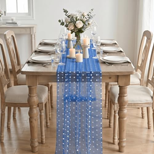 Artoid Mode Dark Blue Gauze Flocking White Dots Table Runner 10FT,Summer Sheer Dining Table Decor for Wedding Anniversary Holiday Birthday Home Party - Image 3