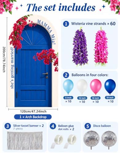 190PCS Mamma Mia Party Decorations Balloons 6.5FT Banner ，Blue Door - Image 2