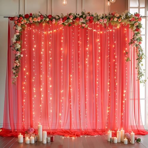 20ft x 10ft Red Backdrop Curtain with Lights String for Parties, Sheer Tulle Wedding Photo Backdrops Drapes for Baby Shower Birthday Party Decorations Background for Photography - Image 5
