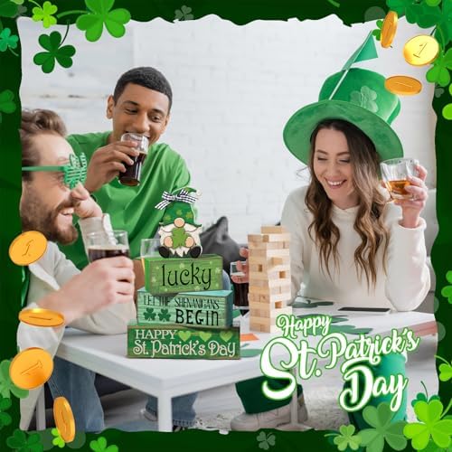 Moucuny 4 Pcs St. Patrick's Day Wood Signs Gnome Tiered Tray Table Decor - Image 4