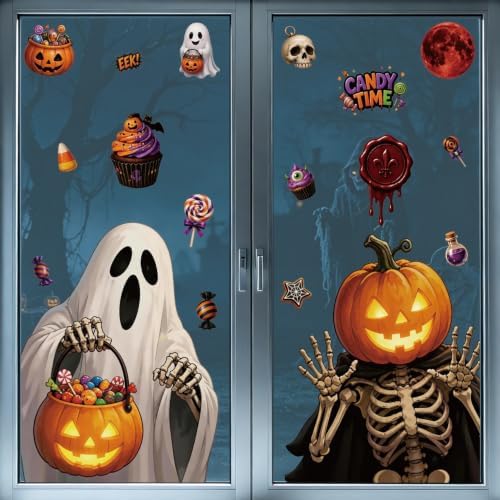 2 Sheets Halloween Window Clings Decorations Ghost Skeleton Pumpkin Window Stickers Static Spooky Glass Window Sticker Decals for Home Office Classroom Party Haunted House Seasonal Decor - Image 4