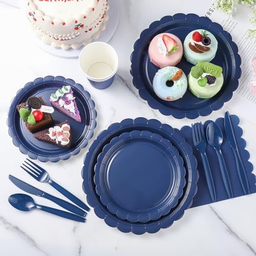 25 Set Navy Blue Plates and Napkins Scalloped Blue Dinnerware - Image 5