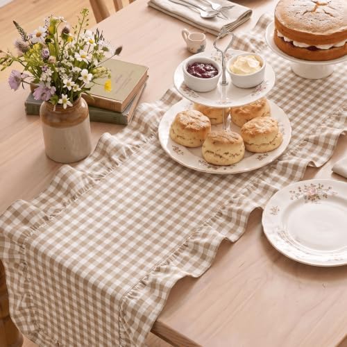 Artoid Mode Brown Farmhouse Plaid Gingham Ruffle Table Runner, Seasonal Scalloped Fall Kitchen Dining Table Decoration for Home Party Decor 13x108 Inch - Image 4