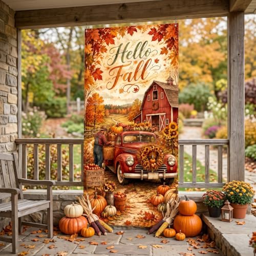 Hello Fall Vertical Door Banner 35×71 Inch Vintage Red Truck Farmhouse Harvest Decor, Autumn Pumpkin Maple Leaf Front Door Hanging Flag for Thanksgiving Outdoor Porch Home Party Seasonal Decoration - Image 5