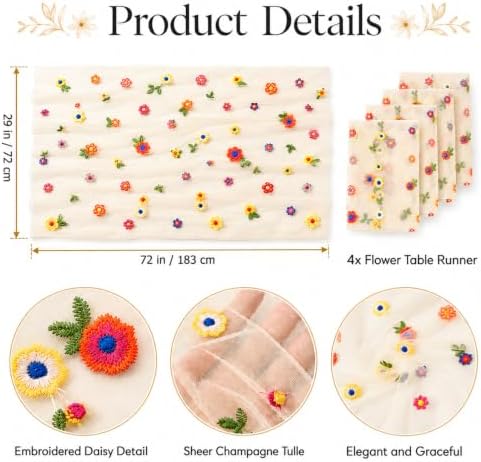 4 Pcs Flower Table Runner 29x72 Inch Champagne Daisy Tulle Decor - Image 2