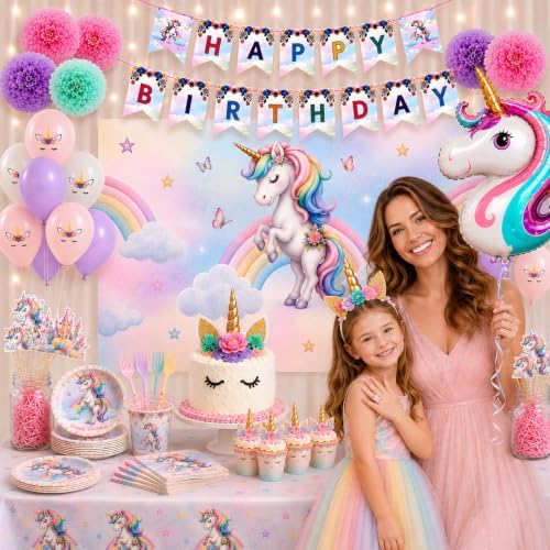 191 Pc Unicorn Birthday Decorations for Girls – Complete Unicorn Party Decorations Supplies Kit with Backdrop, Banner, Plates, Napkins, Balloons, Headband, Tablecloth – Rainbow Party For Kids - Image 4