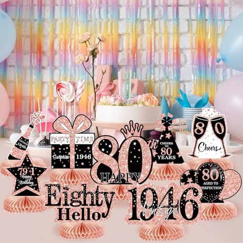 9Pcs 80th Birthday Decorations Honeycomb Centerpieces for Women, Rose Gold Happy 80th Birthday Centerpieces Tables Toppers Party Decorations Supplies, Vintage 1946 Aged Table Sign Decor - Image 4
