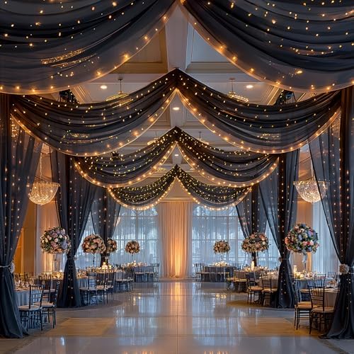 Black Ceiling Drapes with Lights String for Weddings, 6 Panels 5ftx10ft Sheer Tulle Backdrop Photo Background Drapes for Wedding Ceremony Birthday Party Arch Decoration by WishCare