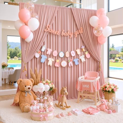 10ftx10ft Wrinkle Free Dusty Pink Backdrop Curtains for Parties, Silky Polyester Photo Backdrop Drapes 2 Panels 5x10ft Back Drop Cloth for Wedding Birthday Baby Shower Photography Background - Image 5