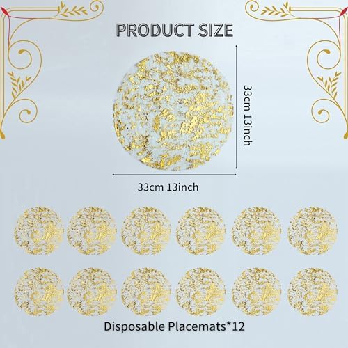 Snowkingdom Disposable Gold Placemats Set of 12 Metallic Round 13 Inch Foil Mesh Pressed Fall Table Mates 12 Pack Gold Doilies for Dining Table Wedding Birthday Party Holiday Home Decoration - Image 5