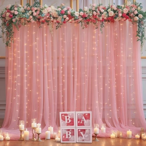 30x8ft Dusty Rose Tulle Backdrop Curtain with Lights String for Parites, Sheer Photo Backdrop Curtains with Lights for Wedding Backdrop Ceremony Reception Bridal Shower Baby Shower Birthday Party - Image 6