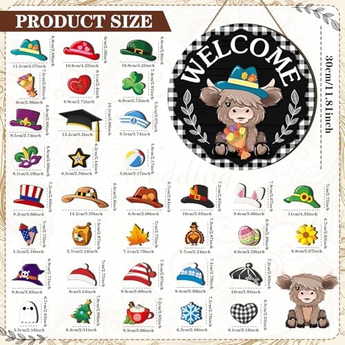 Vicenpal 35 Pcs Fall Interchangeable Highland Cow Welcome Sign, Plaid - Image 3