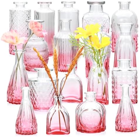 Glass Pink Bud Vase Set of 18,Small Glass Vintage Vases for Flowers by Brajttt