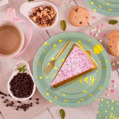 96PCS Happy Birthday Plates and Napkins Party Supplies, Sage Green and Gold Disposable Paper Plates and Napkins with Forks Tableware Set for Birthday Party Decorations 24 Guests (Birthday Sage Green) - Image 5