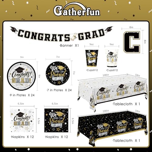 Graduation Decorations 2026 Black and Gold Grad Party Supplies with Disposable Plates, Napkins, Tablecloth, Cups and Congrats Grad Banner for 24 Guests - Graduation Party Decorations - Image 2