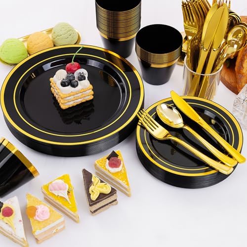 WELLIFE Black and Gold Plates, Plastic Dinnerware Set for 50 Guests - Image 5