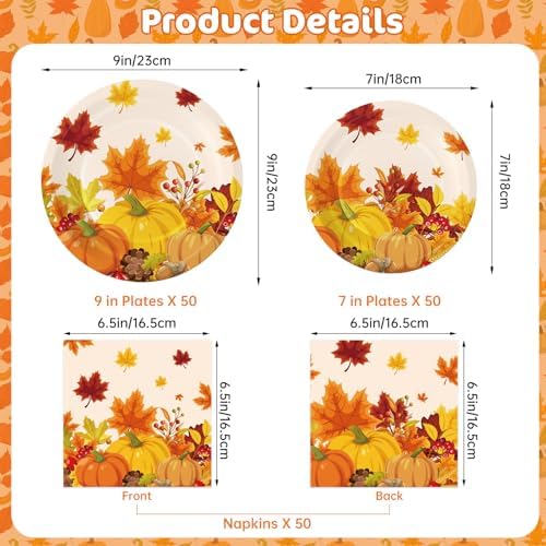 150 Pcs Thanksgiving Plates and Napkins Sets - Fall Pumpkin Maple Leaf Themed Dinnerware, Disposable Thanksgiving Paper Plates and Napkins Set for Give Thanks Party Decorations Supplies, Serve 50 - Image 3