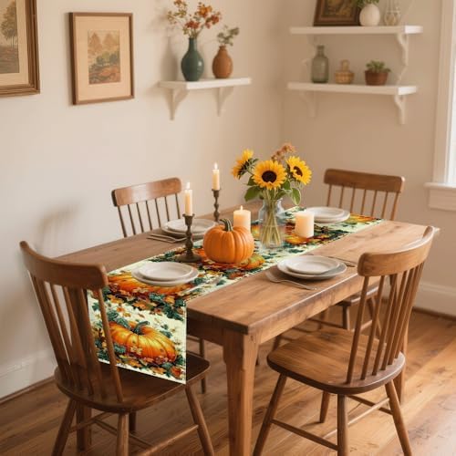 13x72 Inch Fall Table Runner - Orange Polka Dot Pumpkin Eucalyptus Wood Design, Festive Autumn Home Party Kitchen Decor - Image 3