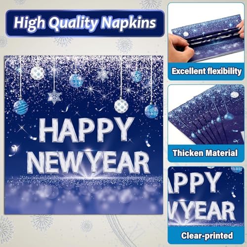 100PCS Happy New Year Party Plates and Napkins Party Supplies Blue 2026 New Year's Eve Platters Dessert Cake Tableware Set Party Decor Favor for New Year Evening Party Celebration Decoration Serves 25 - Image 3
