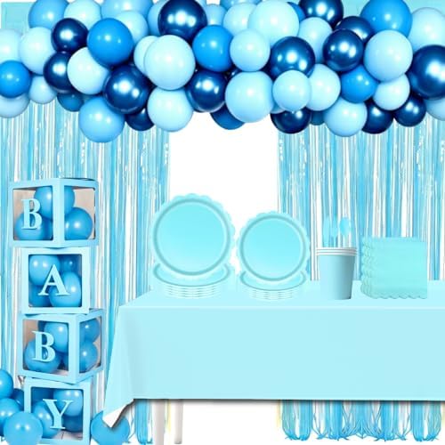 287PCS Blue Party Decorations Set, Complete 25 Guests Disposable Tableware Kit with Plates Cups Napkins Cutlery, Tablecloths, Foil Curtains, Balloon Boxes & Mixed Size Balloon Arch Kit by Unknown
