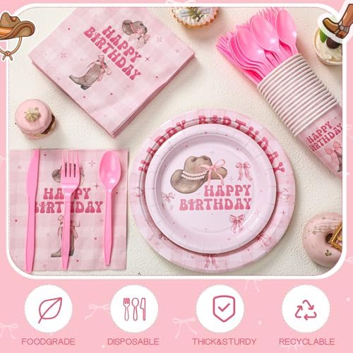 Yungyan 252 Pcs Pink Bow Cowgirl Birthday Party Tableware Set Included Plates Napkins Cups Forks Knives Cutlery for Party Decorations Supplies 36 Guests - Image 3