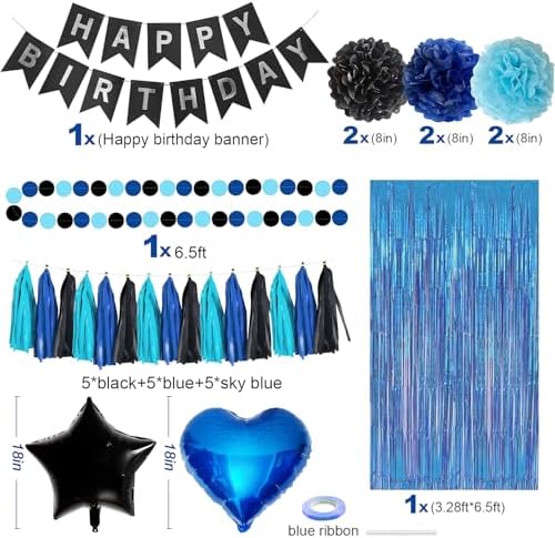 Blue and Black Happy Birthday Party Decorations kit for Boys Men Women with Happy Birthday Banner, Fringe Curtain,Foil Balloons,Cake Topper for birthday decor (blue black) - Image 2