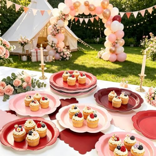 96Pcs Pink and Burgundy Paper Plates and Napkins Serves 48,9 Inch Gradient Disposable Plates,6.5" Scalloped Napkins Tableware for Bridal Shower,Girl Birthday, Wedding,Valentine’s Day - Image 6