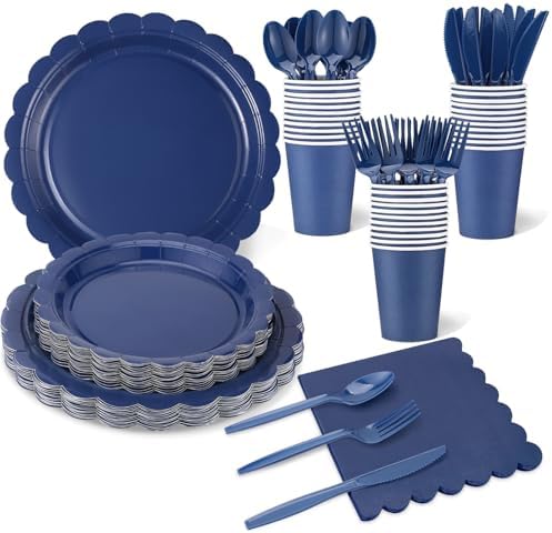 25 Set Navy Blue Plates and Napkins Scalloped Blue Dinnerware by Xiangqu