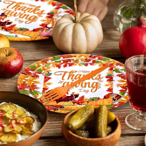 96 Pieces Happy Thanksgiving Tableware Set Party Supplies - Fall Harvest Pattern Disposable Dinnerware with Paper Plates, Napkins, Forks for Autumn and Thanksgiving Dinner BBQ Picnic Favors - Image 4