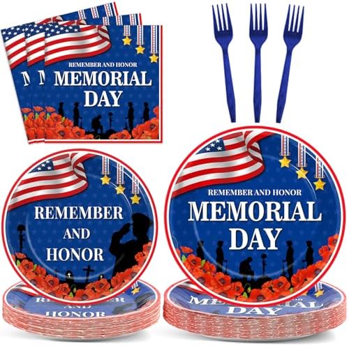 96Pcs Memorial Day Plates and Napkins for Remember and Honor Soldier Party Supplies Thank You Soldiers Dessert Plates Veterans Day Tableware Set for 24 Guests 4th of July Party Decorations by CHUNNIN
