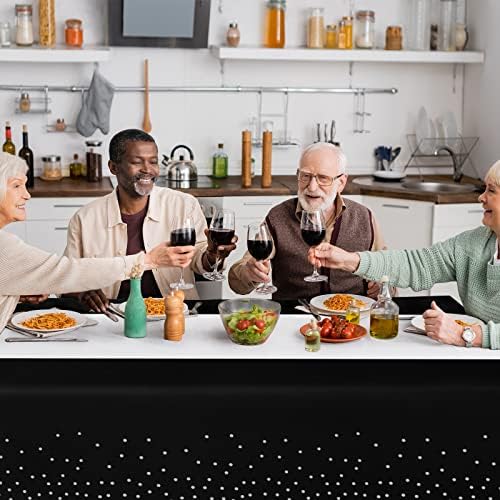 8Pack Disposable Plastic Tablecloths and Satin Table Runner Set Black and Silver Dot Tablecloth Silver Satin Table Runner for Wedding Birthday Baby Shower Anniversary Christmas New Year Party Supply - Image 5
